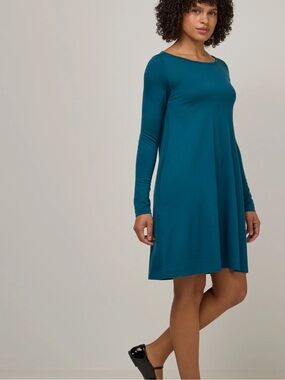 Wool& Long Sleeve Swing Dress Deep Teal Merino Wool Capsule Wardrobe XL LONG